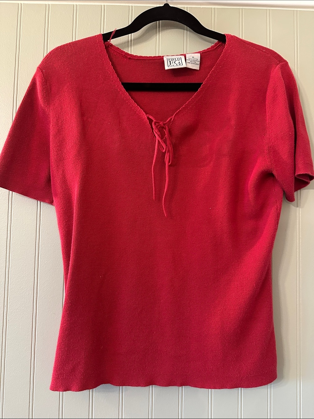 Vibrant Red Short-Sleeve Tie-Neck Knit Top
